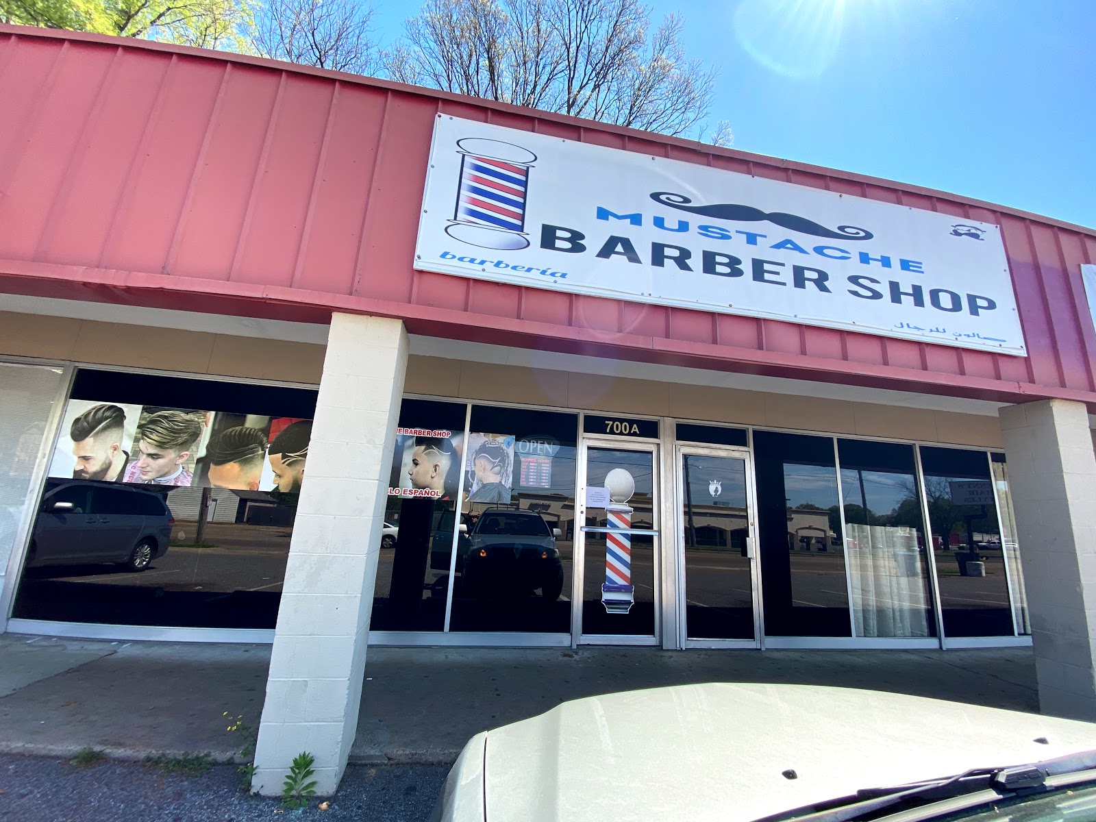 Mustache Barbershop storefront, 700 Waring Rd